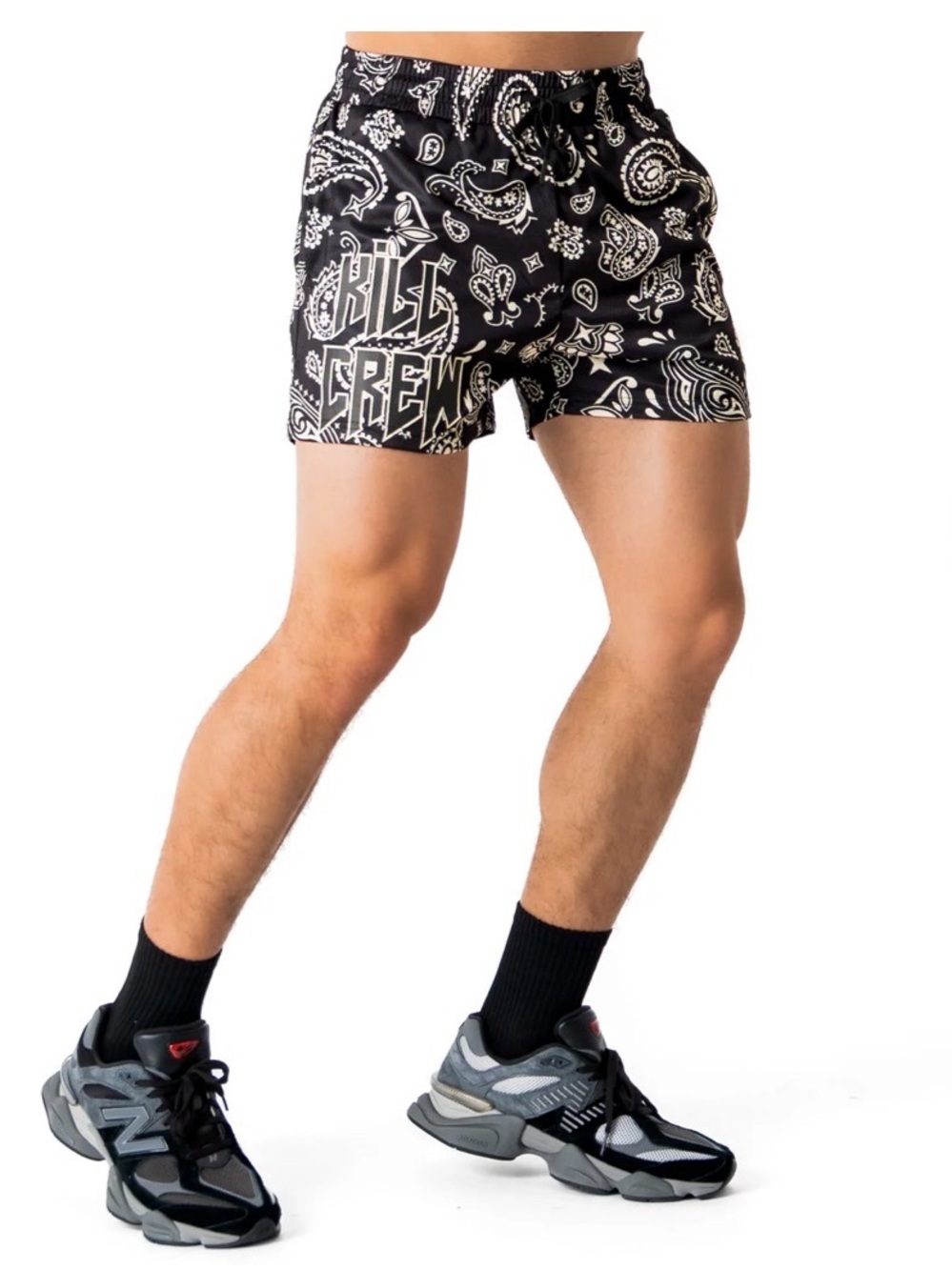 NWT KILL CREW MUAY THAI SHORTS (MID THIGH CUT) BANDANA BLACK CREAM BOXING SZ XXL